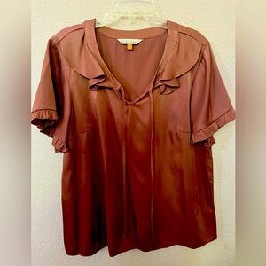 Downeast mauve pink satin ruffle collar tie blouse top M medium